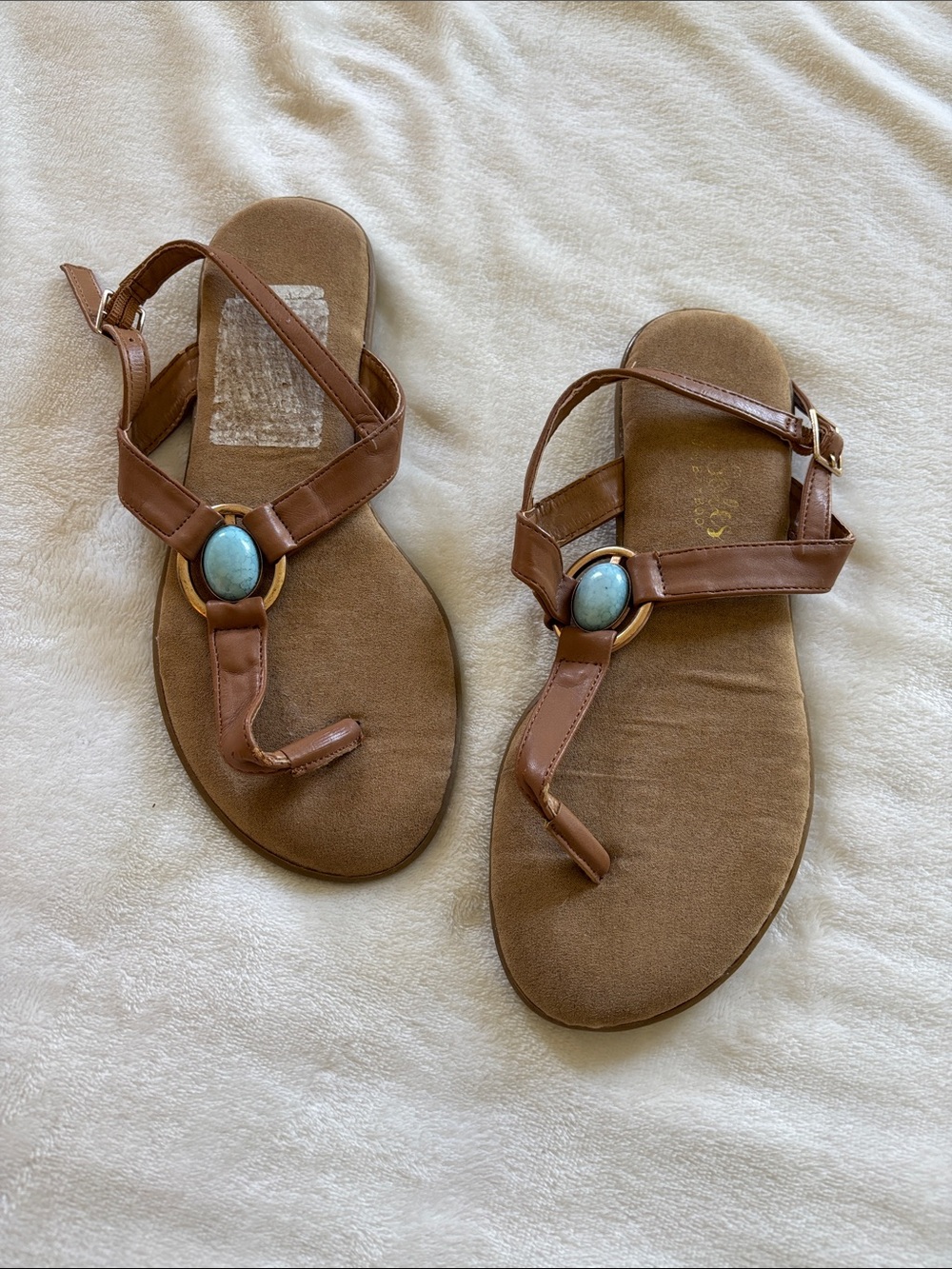 Brown T-Strap Sandals with Turquoise Accent